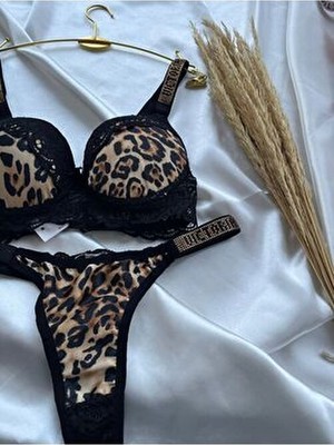 Modellife Dantelli Lastiği Taşlı Balenli Destekli Dolgulu Push Up Leopar Sütyen Ve String Iç Çamaşırı Takımı
