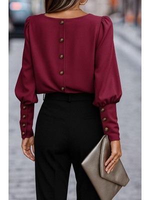 Passense Kadın Uzun Kollu Yuvarlak Yakalı Düğmeli Ithal Krep Bluz