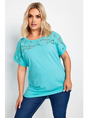 Büyük Beden Bisiklet Yaka Tül Detaylı Kısa Kollu T-Shirt 321836