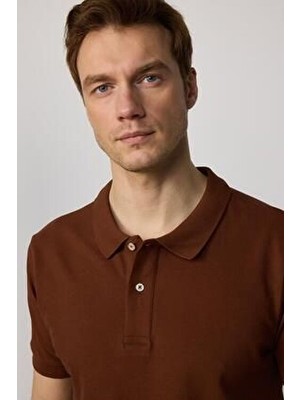 Erkek Slim Fit Dar Kesim Pamuklu Yumuşak Doku Nefes Alan Kumaş Kahverengi Polo Yaka Tişört
