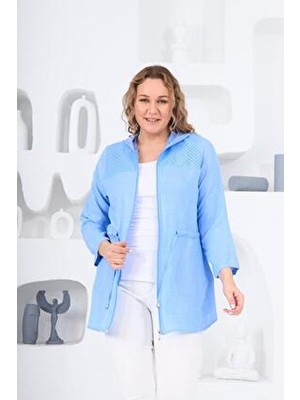 Rmg Kadın Büyük Beden Mavi Ceket1 Uzun Kol Keten Dokulu Casual Stil %65 Pamuk %35 Polyester