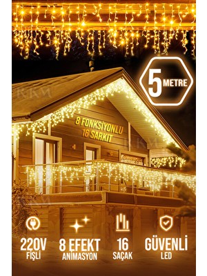 Saçak LED 16 Sarkıt Gün Işığı 4 Metre Fişli Eklemeli Sarı Renkli 8 Fonksiyonlu Aydınlatma