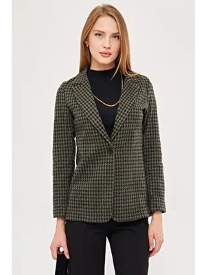 Kadın Haki Kazayağı Desen Tek Düğmeli Ceket ARM-20K001121