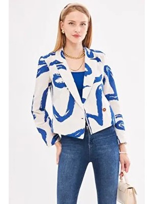 Kadın Lacivert Kruvaze Yaka Desenli Crop Ceket ARM-24Y001058