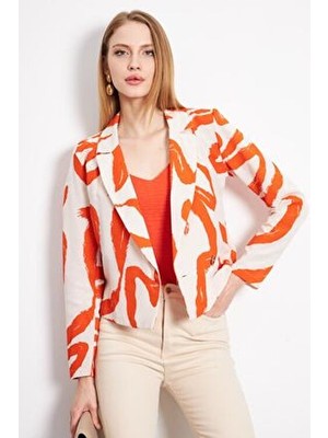 Kadın Turuncu Kruvaze Yaka Desenli Crop Ceket ARM-24Y001058