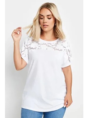 Stil Diva Büyük Beden Kadın Tül Detaylı Kısa Kollu Bisiklet Yaka Mor T-Shirt