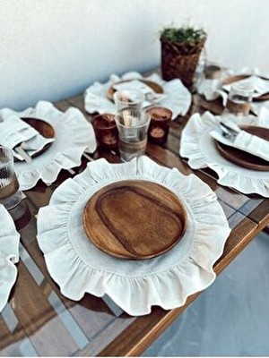 6lı Ham Keten Yuvarlak Fırfır Detaylı Amerikan Servis/ Supla