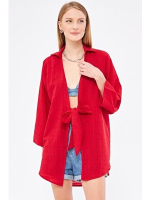 Kadın Kırmızı Kendinden Çizgili Önden Bağlamalı Kimono Gömlek ARM-24Y001101