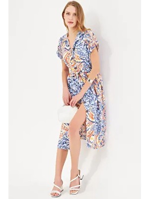 Kadın Indigo Desenli Beli Kemerli Kısa Kol Gömlek Elbise ARM-22Y001007