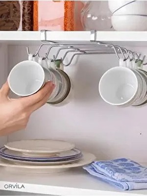 Raf Altı Asılabilir 10 Kancalı Fincan ve Kupa Bardak Düzenleyici Askılığı - Krom