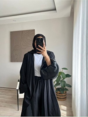 Ahsen Kimono Pantolon Takım Uzun Kol Düşük Kol Siyah Denim Kumaş Düz Desen Rahat Tasarım