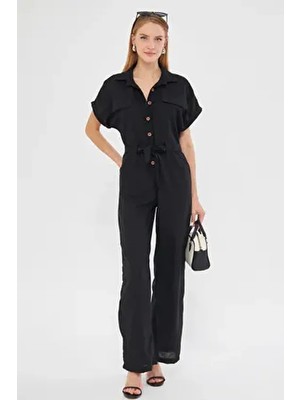 Kadın Siyah Önden Düğmeli Beli Kuşaklı Cepli Yarasa Kol Palazzo Tulum ARM-24Y001105