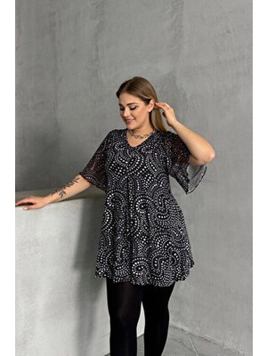 Stil Diva Büyük Beden Kadın Bluz V Yaka Tül Detaylı Desenli Rahat Kumaş 44 Kalıp