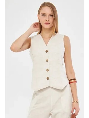Kadın Ekru V Yaka Vücuda Oturan Keten Görünümlü Astarlı Yelek ARM-24Y001111