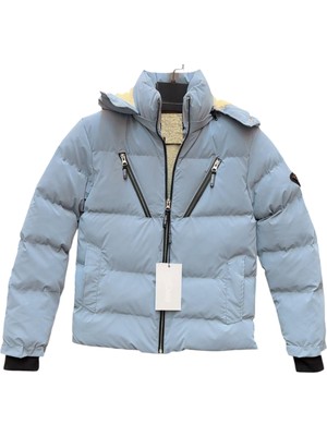 Erkek Çocuk /kız Çocuk Çapraz Fermuar Model Kapüşonu Çıkabilen Içi Peluş Astarlı Buz Mavi Renk Mont