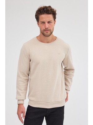 Erkek Bej Standart Fit Normal Kesim Pamuklu Basic Bisiklet Yaka Sweatshirt