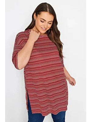 Büyük Beden Bisiklet Yaka Yarım Kollu Yırtmaç Detaylı Çizgili T-Shirt 302948