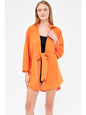 Kadın Turuncu Kendinden Çizgili Önden Bağlamalı Kimono Gömlek ARM-24Y001101