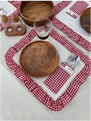 2li Cepli Ham Keten Kareli Fırfır Detaylı Amerikan Servis/ Supla