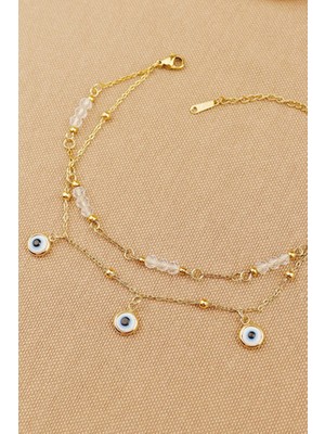 Çelik Halhal - Nazar Boncuklu 2li Kombin Kristal Boncuklu 316L Çelik Halhal 22+5cm Kararmaz Solmaz