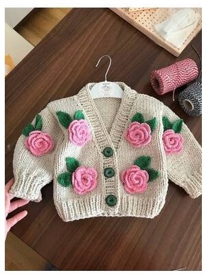 Gül Detaylı El Örgüsü Çocuk Hırka, Çiçek Detaylı Bebek Hırka