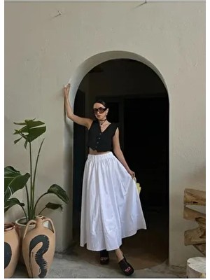 Minaaise Beyaz Poplin Beli Lastikli Uzun Etek 27321