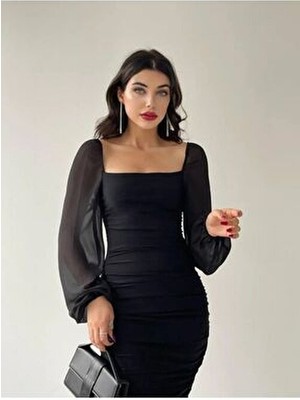 Drafe Sandy Kare Yaka Siyah Elbise, Kolu Şifon