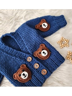 El Örgüsü Ayılı Erkek Bebek Hırkası Uzun Kol Düz Örme Kumaş Hayvan Desenli Mavi