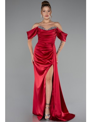 Kayık Yaka Yırtmaçlı Uzun Saten Abiye ABU2661