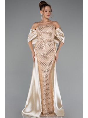 Straplez Boncuklu Saten Kuyruklu Uzun Abiye ABU5234