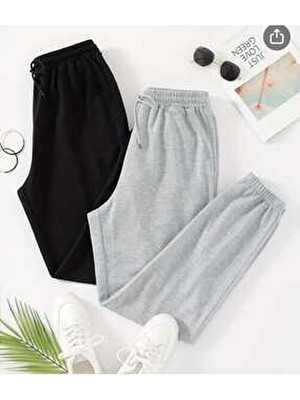 Ikili Jogger Eşofman Altı-Siyah ve Gri Lastik Paça Yüksek Bel Eşofman