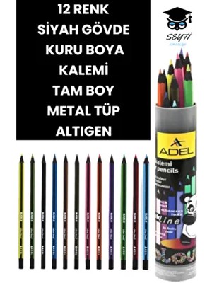 Adel Türk Malı 12 Renk Kuru Boya Kalemi Metal Tüp Altıgen Siyah Gövde Çok Renkli Kalemler