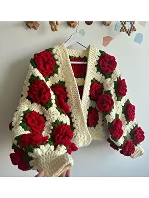 Gül Motifli El Örgüsü Kadın Hırka Uzun Kol Bej Renk Örme Kumaş Düz Desen Kalın