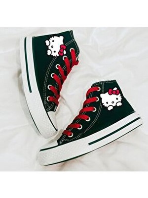 Hello Kitty Baskılı, Kırmızı Bağcıklı Siyah Bilekli Spor Ayakkabı Çocuk Sneaker