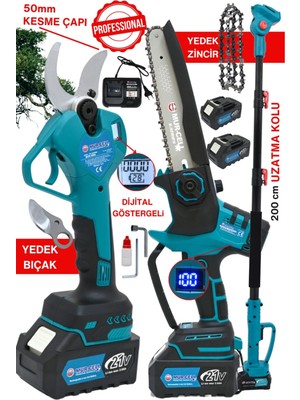 Dijitalgöstergeli 3 Lü Set A Plus 21V3AH 50MM Budama Makası Kömürsüz Testere Teleskobik Kol