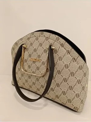 Armine 365 Kadın Çanta Krem-Siyah Noktalı Şık Görünüm ve Tekstil Materyal ile Basic Koleksiyon