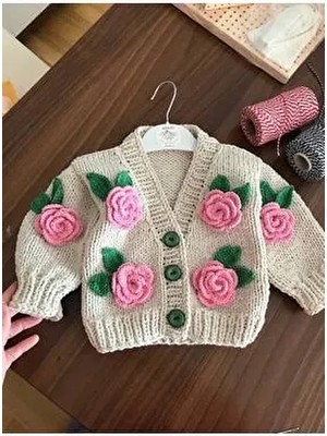 Gül Detaylı El Örgüsü Çocuk Hırka, Çiçek Detaylı Bebek Hırka