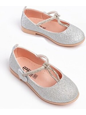 Papuccum Kız Çocuk Gümüş Simli Kaydırmaz Taban Taşlı Babet Lastikli Bağlama ile Rahat Kullanım