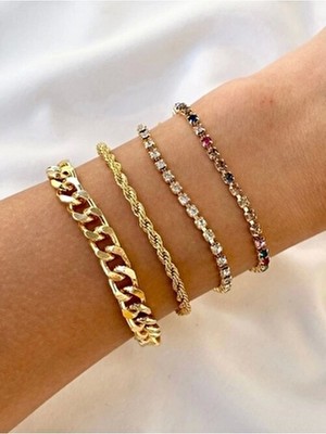Kadın Gold Renk 4 Lü Zincir-Taşlı Kombin Bileklik