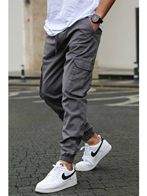 Vikunya Erkek Jogger Füme Pamuklu Likralı Cargo Beli ve Paçası Lastikli Kargo Cepli Pantolon