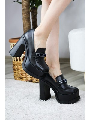 Asmi Shoes Kadın Mila Loafer Model 12 cm Platform Topuklu Ayakkabı  Siyahcilt Kare