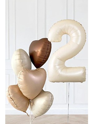 2 Yaş Retro Bej Yaş Balonlu Latte Bej Kahve Kalpli Retro Doğum Günü Yaş Balon Seti