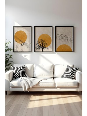 Huhuli Ahşap Siyah Çerçeveli 3'lü Set Soyut Tablo 50 x 70 cm Modern Tasarım ile Sanat