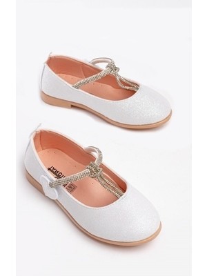 Papuccum Kız Çocuk Sedef Simli Babet Beyaz Tekstil Malzemeden Kaydırmaz Taban ile Ortopedik Taban Özelliği