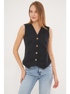 Armonika Kadın Siyah V Yaka Vücuda Oturan Regular Fit Yelek Düğmeli Pamuk Polyester