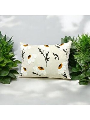 Keten Kumaş 35*50 Papatya Desen Punch Kırlent Kılıfı (Panç)