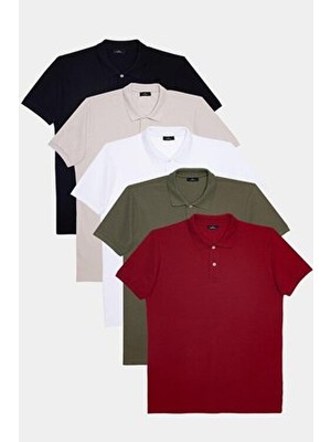 Erkek 5'li Paket Siyah-Gri-Beyaz-Haki-Bordo Slim Fit Dar Kesim Pamuklu Düz Pike Polo Yaka Tişört