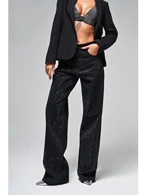 Kadın Siyah Renk Lora Parlak Baklava Taşlı Loose Fit Tasarım Denim