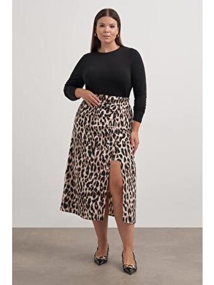 Myline Arka Beli Lastikli Büzgülü Midi Etek Çok Renkli Leopar Desenli Dokuma Kumaş Normal Bel 84 cm