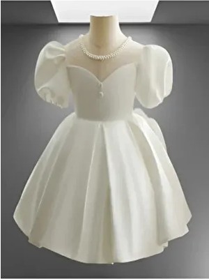 Özel Tasarım Beyaz Kısa Kol Inci Detaylı Kız Çocuk Abiye Elbise